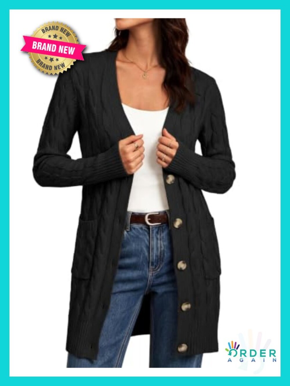 Cable Knit Button Down Chunky Cardigan Sweater with Pockets Long Sleeve
